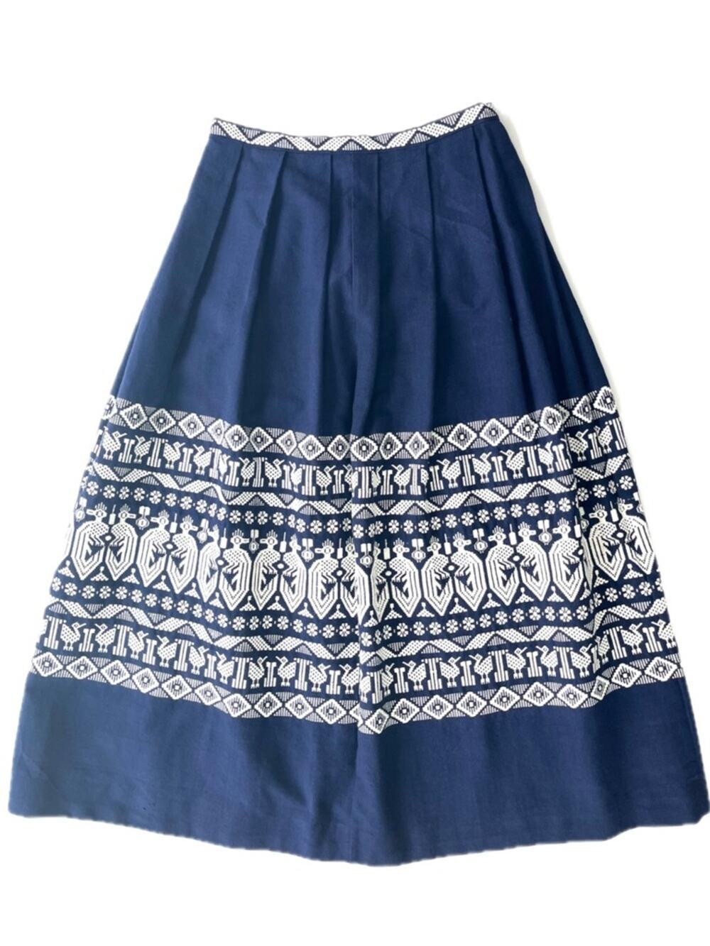 Vintage Navy Blue and White Embroidered Midi Skirt Long Mexican Pleated Birds
